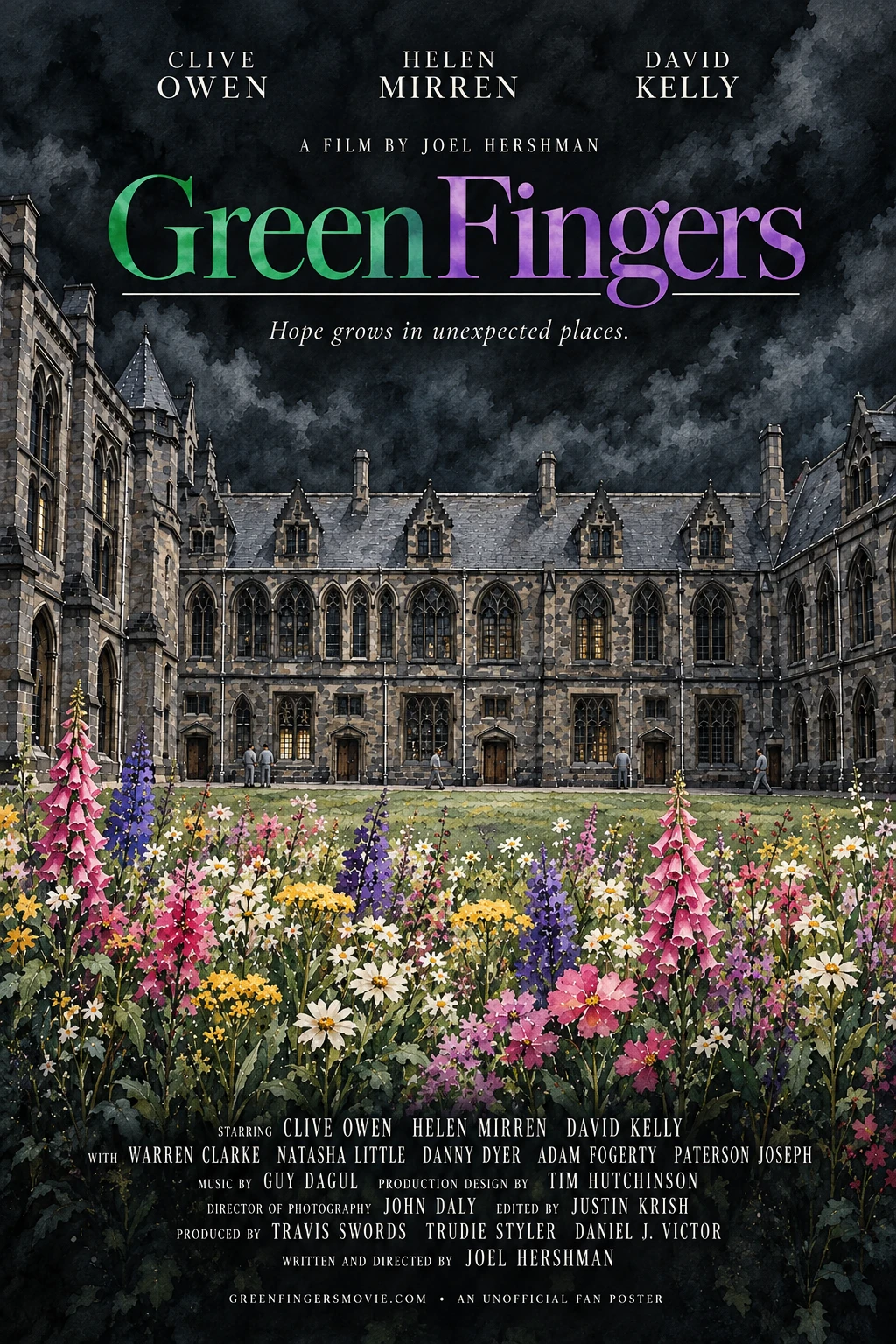 Green Fingers fan poster with a green and purple title above a grey prison courtyard and a colourful watercolour flower garden.